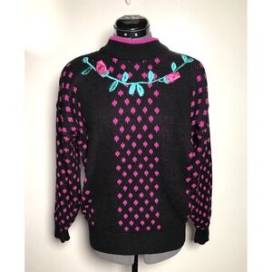 Vtg 80s Floral Sweater Black Pink Cottagecore Kawaii M DAMAGED